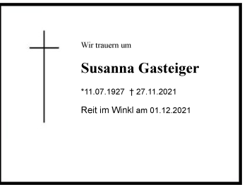 Traueranzeige von Susanna Gasteiger von Chiemgau