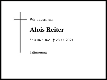 Traueranzeige von Alois Reiter von Region Berchtesgadener Land