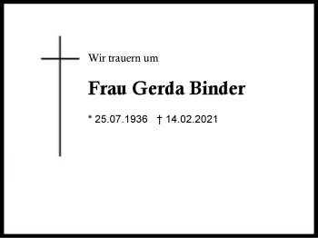 Traueranzeige von Gerda Binder von Region Berchtesgadener Land