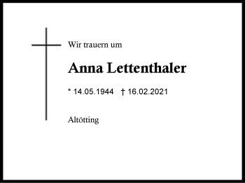 Traueranzeige von Anna Lettenthaler von Region Berchtesgadener Land