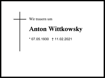 Traueranzeige von Anton Wittkowsky von Region Berchtesgadener Land