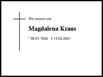 Traueranzeige von Magdalena Kraus von Region Berchtesgadener Land