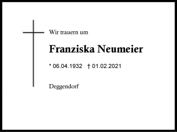 Traueranzeige von Franziska Neumeier von Region Berchtesgadener Land