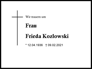 Traueranzeige von Frieda Kozlowski von Region Berchtesgadener Land