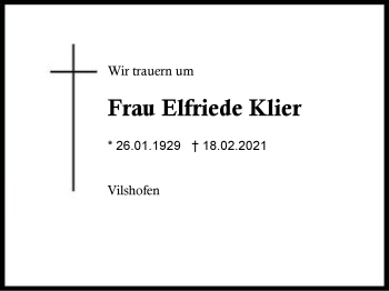 Traueranzeige von Elfriede Klier von Region Berchtesgadener Land