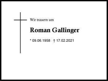 Traueranzeige von Roman Gallinger von Region Berchtesgadener Land