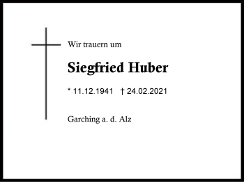 Traueranzeige von Siegfried Huber von Region Berchtesgadener Land