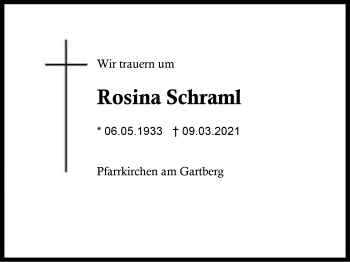 Traueranzeige von Rosina Schraml von Region Berchtesgadener Land