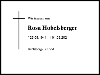 Traueranzeige von Rosa Hobelsberger von Region Berchtesgadener Land