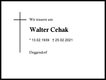 Traueranzeige von Walter Cehak von Region Berchtesgadener Land