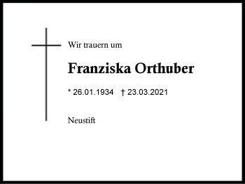 Traueranzeige von Franziska  Orthuber von Region Berchtesgadener Land