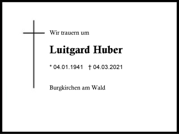 Traueranzeige von Luitgard Huber von Region Berchtesgadener Land