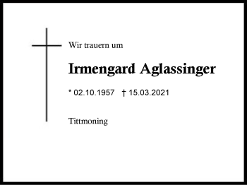 Traueranzeige von Irmengard Aglassinger von Region Berchtesgadener Land