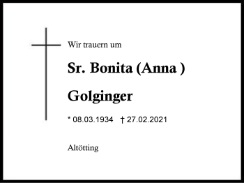 Traueranzeige von Anna Golginger von Region Berchtesgadener Land