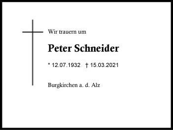 Traueranzeige von Peter Schneider von Region Berchtesgadener Land