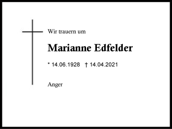 Traueranzeige von Marianne Edfelder von Region Berchtesgadener Land