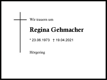 Traueranzeige von Regina Gehmacher von Region Chiemgau