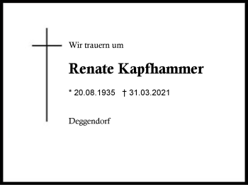 Traueranzeige von Renate Kapfhammer von Region Berchtesgadener Land