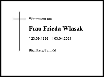 Traueranzeige von Frieda Wlasak von Region Berchtesgadener Land