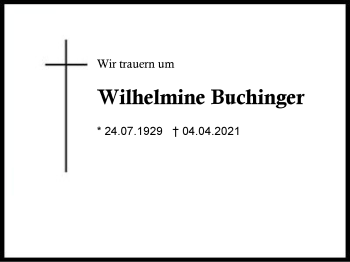 Traueranzeige von Wilhelmine Buchinger von Region Berchtesgadener Land