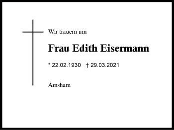Traueranzeige von Edith Eisermann von Region Berchtesgadener Land