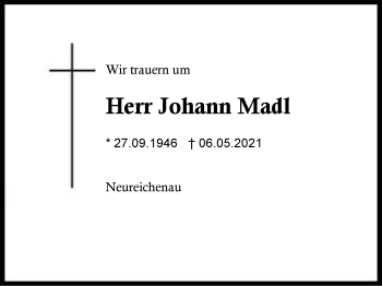 Traueranzeige von Johann Madl von Region Berchtesgadener Land