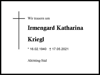 Traueranzeige von Irmengard Katharina Kriegl von Region Berchtesgadener Land