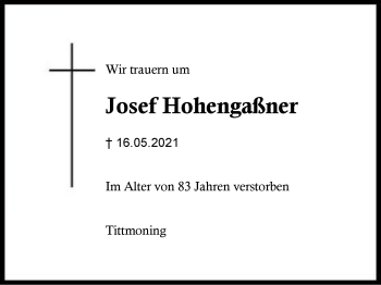 Traueranzeige von Josef Hohengaßner von Region Berchtesgadener Land