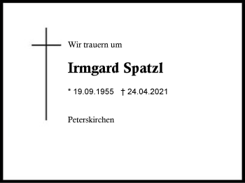 Traueranzeige von Irmgard Spatzl von Region Berchtesgadener Land