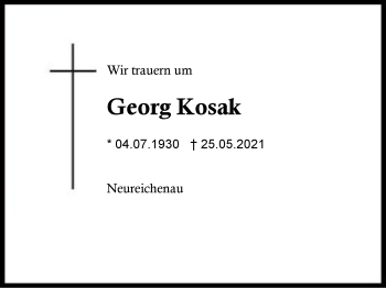 Traueranzeige von Georg  Kosak von Region Berchtesgadener Land