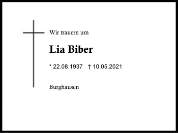 Traueranzeige von Lia Biber von Region Berchtesgadener Land