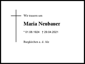 Traueranzeige von Maria Neubauer von Region Berchtesgadener Land