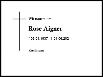 Traueranzeige von Rose Aigner  von Region Traunstein