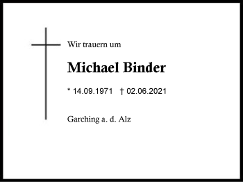 Traueranzeige von Michael Binder von Region Traunstein