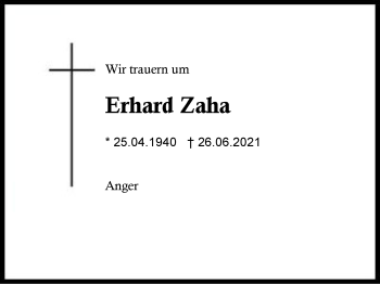 Traueranzeige von Erhard Zaha von Region Berchtesgadener Land