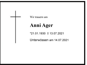 Traueranzeige von Anni  Ager von Region Chiemgau