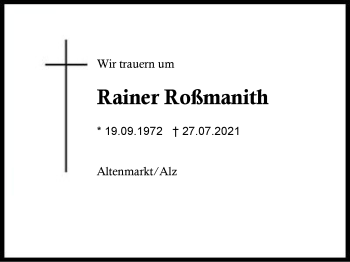 Traueranzeige von Rainer Roßmanith von Region Traunstein