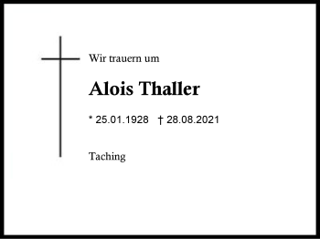 Traueranzeige von Alois Thaller von Region Traunstein