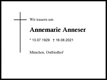 Traueranzeige von Annemarie Anneser von Region Chiemgau