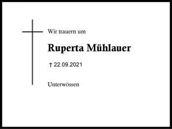 Traueranzeige von Ruperta Mühlauer von Region Chiemgau