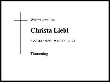 Traueranzeige von Christa Liebl von Region Traunstein