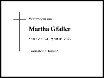 Traueranzeige von Martha Gfaller von Region Chiemgau