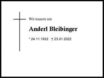 Traueranzeige von Anderl Bleibinger von Region Chiemgau