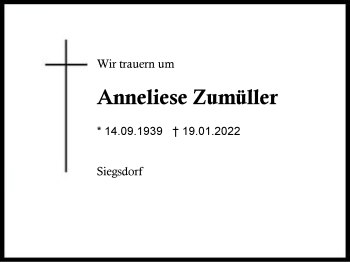 Traueranzeige von Anneliese Zumüller von Region Chiemgau