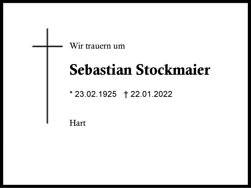  Traueranzeige für Sebastian Stockmaier vom 24.01.2022 aus Region Chiemgau