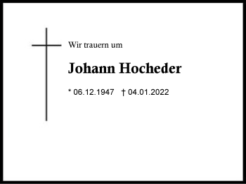 Traueranzeige von Johann Hocheder von Region Chiemgau