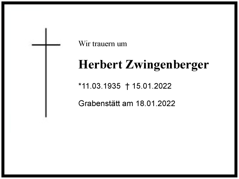  Traueranzeige für Herbert Zwingenberger vom 18.01.2022 aus Region Chiemgau