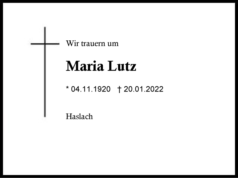  Traueranzeige für Maria Lutz vom 22.01.2022 aus Region Chiemgau