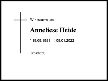 Traueranzeige von Anneliese Heide von Region Traunstein