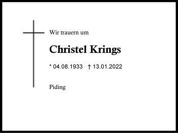 Traueranzeige von Christel Krings von Region Berchtesgadener Land